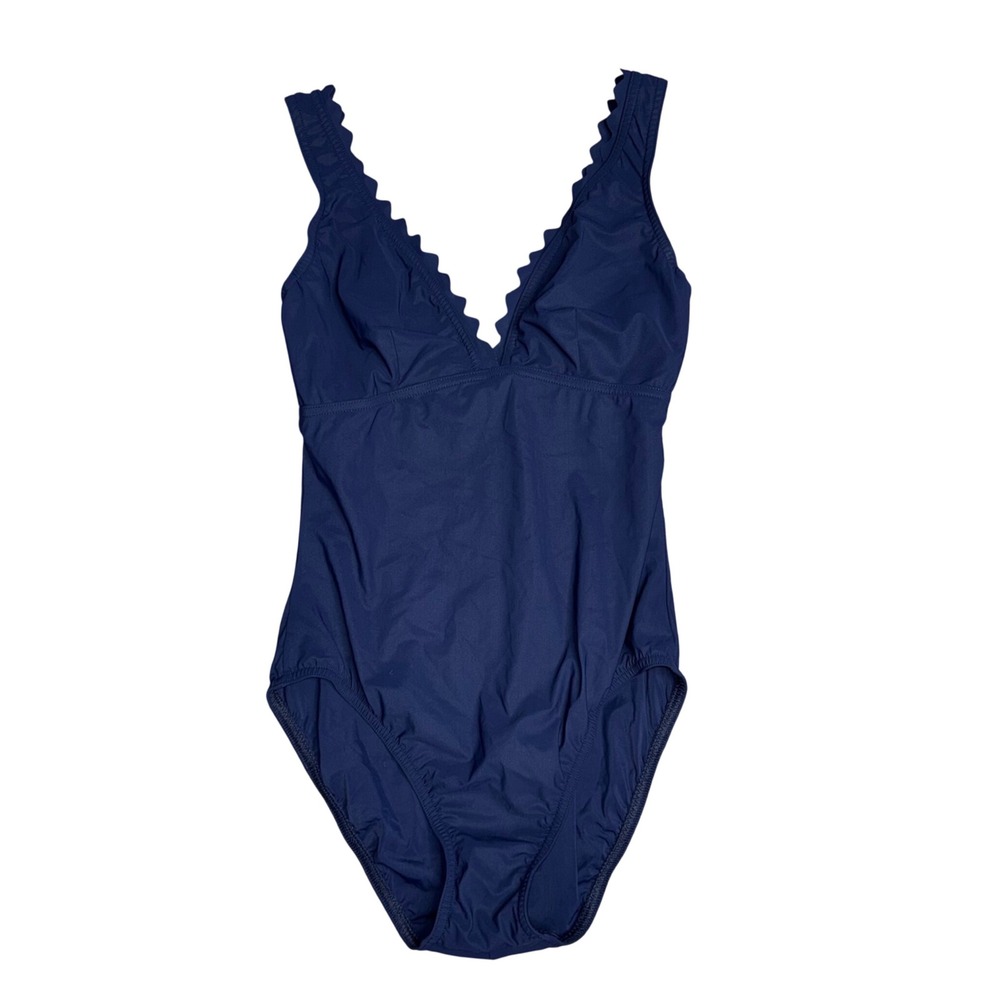 Karla Colletto One Piece Swimsuit Women 14 Navy Blue Excellent Scalloped V-Neck